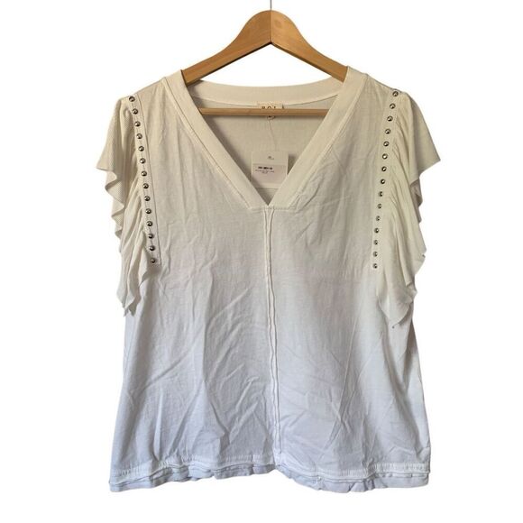 POL Studded V-Neck Top With Flutter Sleeve Off White Size L - Picture 4 of 11